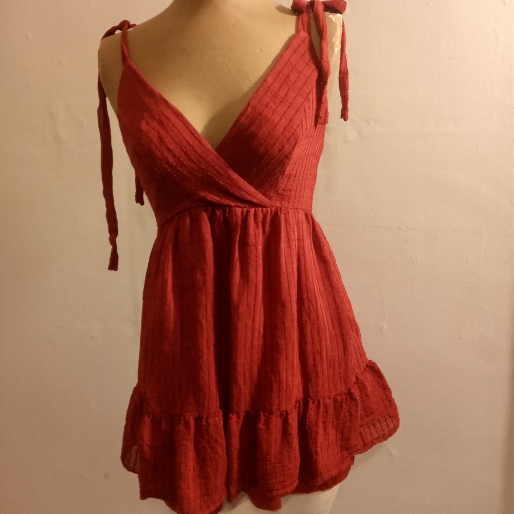 Red Tie-Shoulder Mini Dress with Ruffled Hem